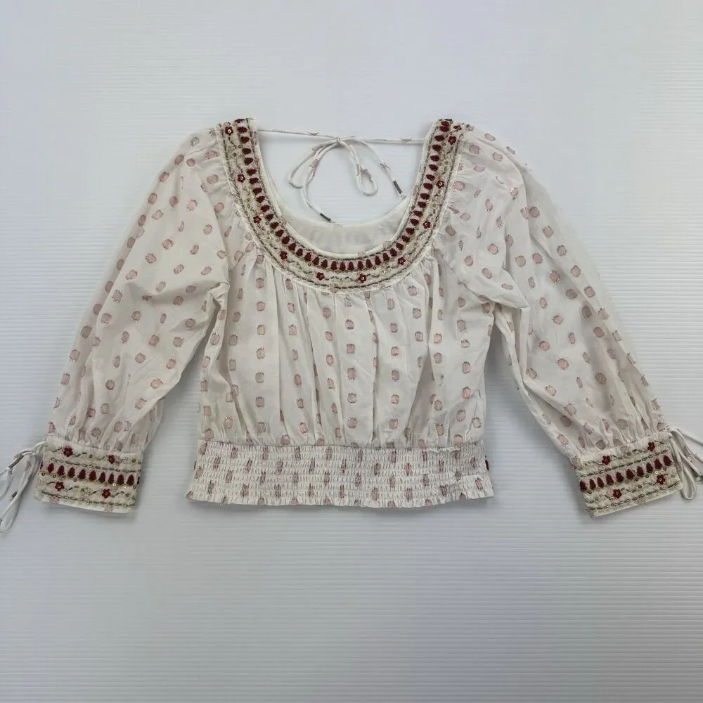 Anthropologie Beaded Embroidered Peasant Crop Top Small Boho India Metallic Dot